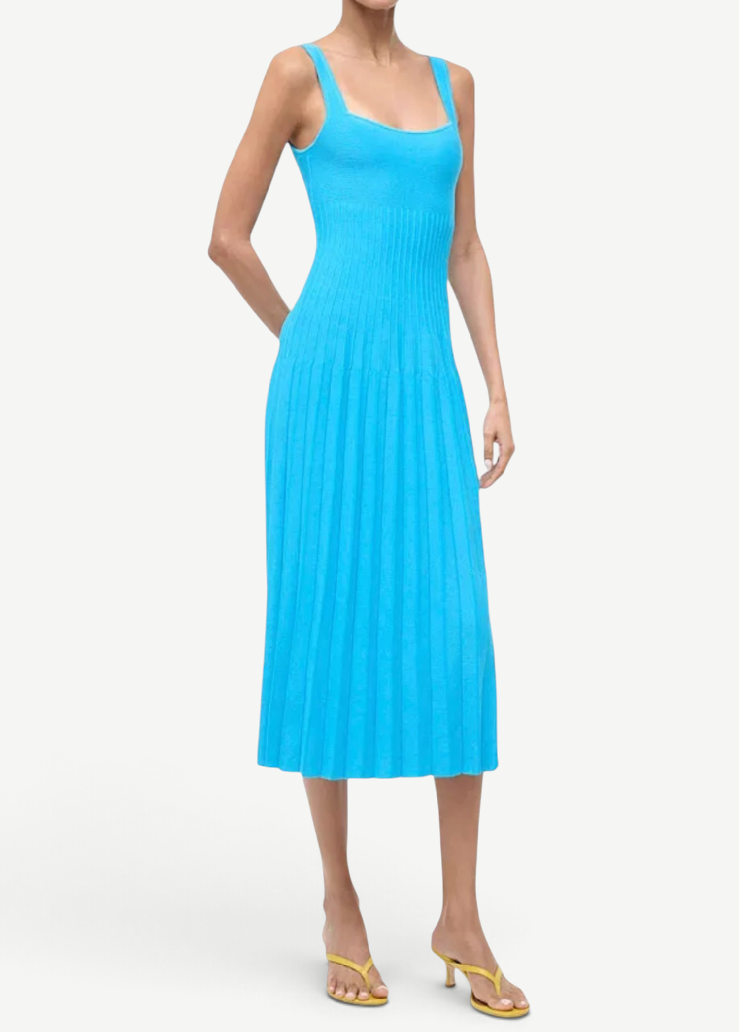 KABE SHOP INC Ellison Dress in vibrant cobalt blue featuring a sleeveless ribbed knit midi silhouette