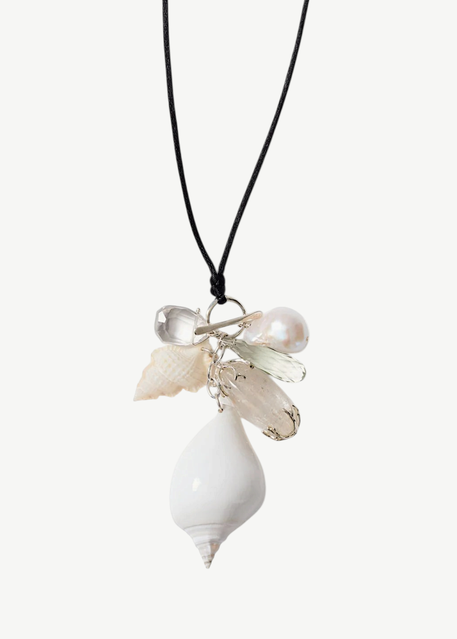 KABE SHOP INC conch shell and freshwater baroque pearl necklace on black satin cord with crystal accents
