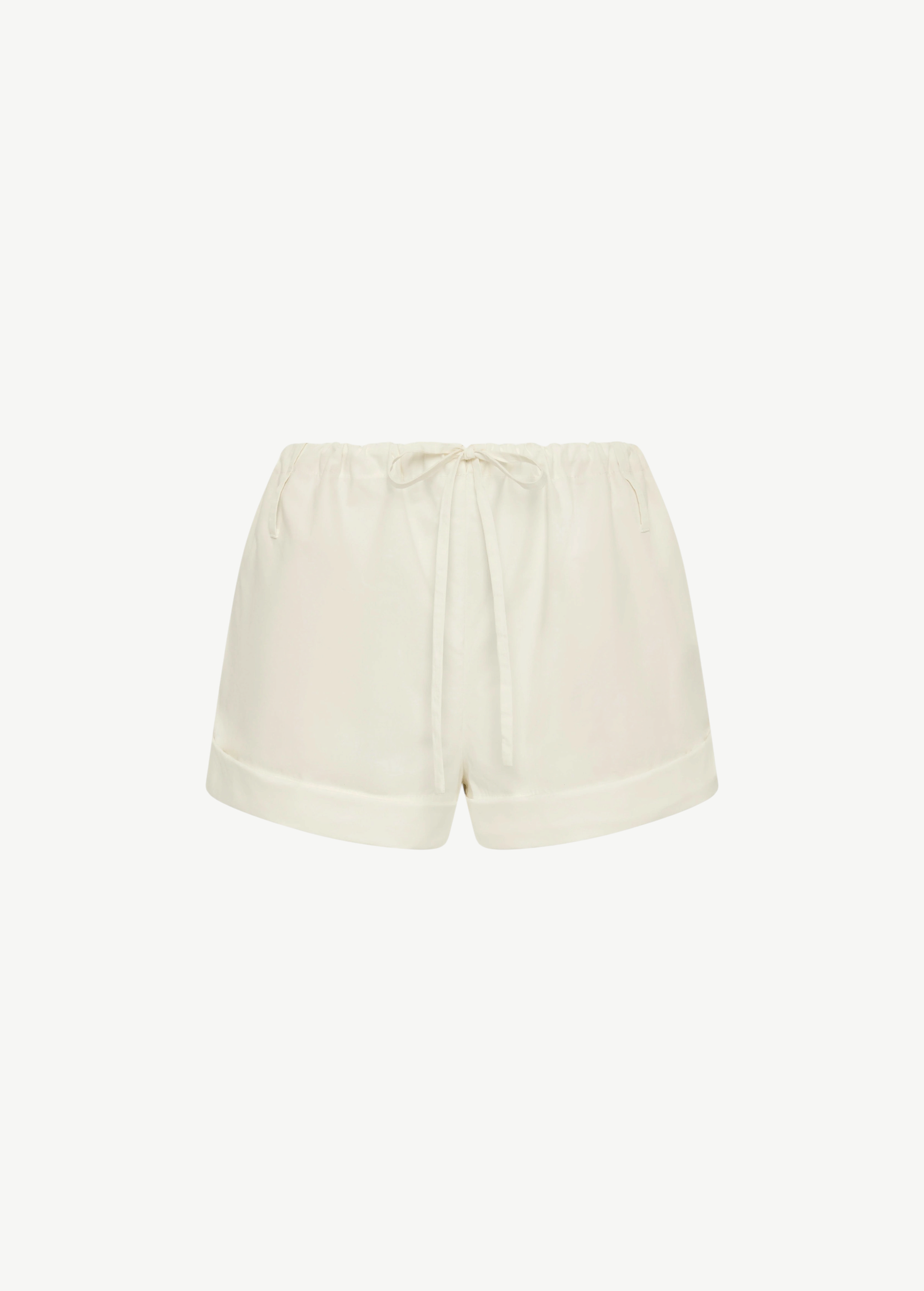 KABE SHOP INC Charlie Rolled Short in cream lightweight cotton with a gathered drawstring waistband.