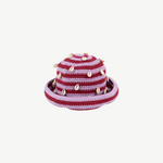 KABE SHOP INC handmade crochet hat in pink and burgundy stripes with decorative white seashells, Tulum style.
