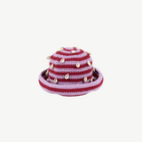 KABE SHOP INC handmade crochet hat in pink and burgundy stripes with decorative white seashells, Tulum style.