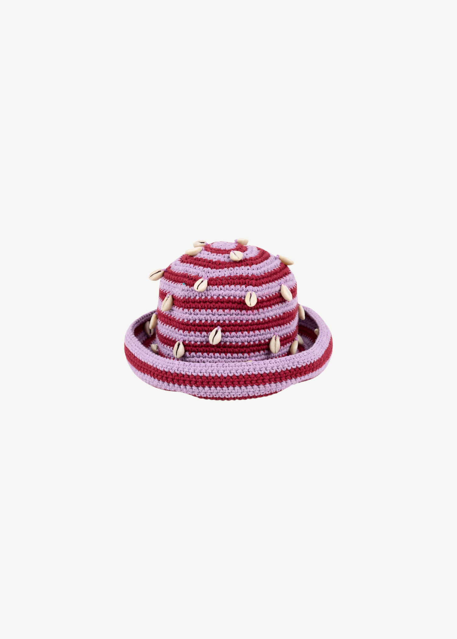 KABE SHOP INC handmade crochet hat in pink and burgundy stripes with decorative white seashells, Tulum style.