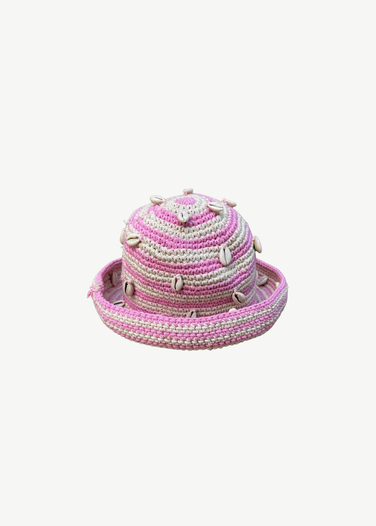 KABE SHOP INC handmade crochet bucket hat in pink and cream tie-dye with decorative white seashells