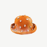 KABE SHOP INC handmade crochet bucket hat in orange tie-dye with decorative white cowrie shells