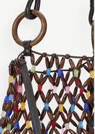KABE SHOP INC Del Mar bucket bag featuring a brown wooden bead lattice design with colorful glass accents and rings.