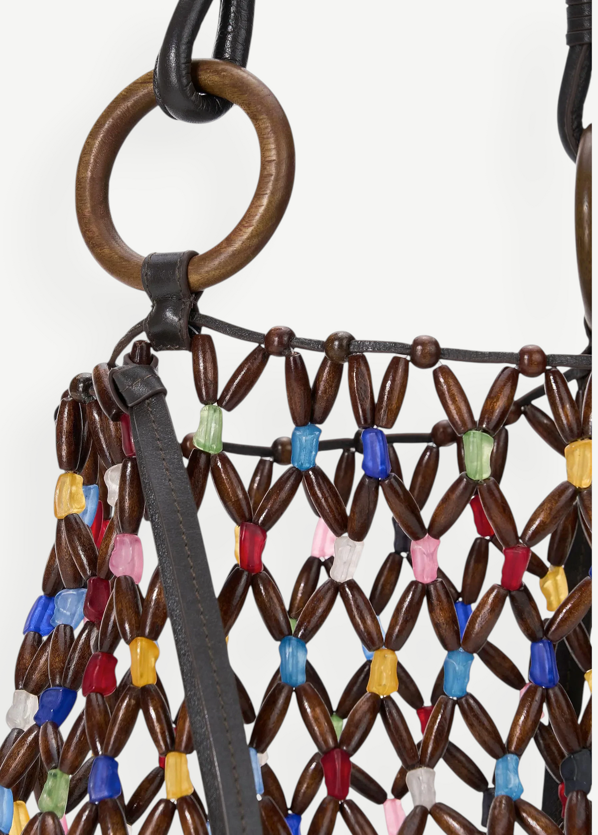 KABE SHOP INC Del Mar bucket bag featuring a brown wooden bead lattice design with colorful glass accents and rings.