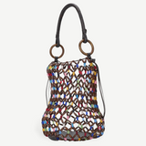 KABE SHOP INC Del Mar bucket bag featuring a brown wooden beaded net design with colorful accents and ring handles.