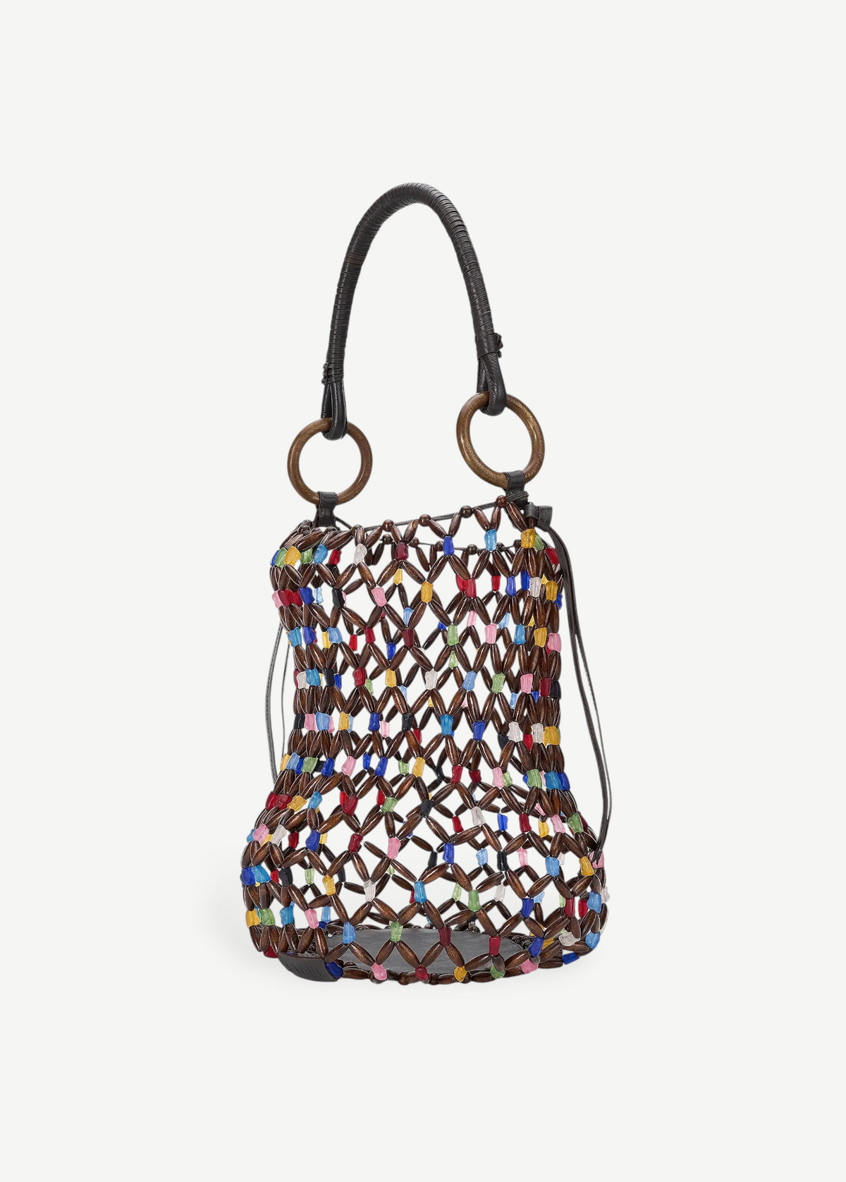 KABE SHOP INC Del Mar bucket bag featuring a brown wooden beaded net design with colorful accents and ring handles.