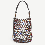KABE SHOP INC Del Mar bucket bag featuring a brown wooden beaded net design with colorful accents and a leather handle.