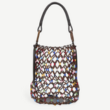 KABE SHOP INC Del Mar bucket bag featuring a brown wooden beaded net design with colorful accents and a leather handle.