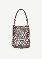 KABE SHOP INC Del Mar bucket bag featuring a brown wooden beaded net design with colorful accents and a leather handle.