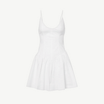 KABE SHOP INC Dena mini dress in white cotton poplin with a fitted bodice, spaghetti straps, and a drop waist.