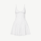 KABE SHOP INC Dena mini dress in white cotton poplin with a fitted bodice, spaghetti straps, and a drop waist.