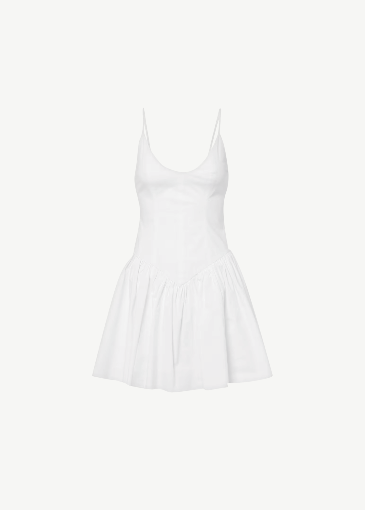 KABE SHOP INC Dena mini dress in white cotton poplin with a fitted bodice, spaghetti straps, and a drop waist.