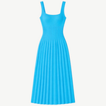 KABE SHOP INC Ellison dress in vibrant cobalt blue featuring a sleeveless square neckline and pleated midi skirt.