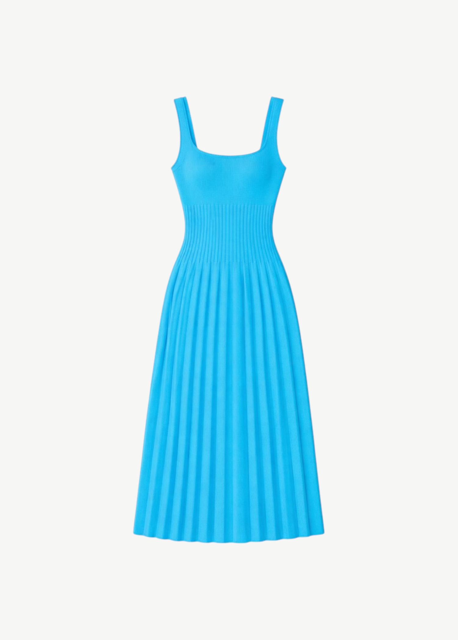 KABE SHOP INC Ellison dress in vibrant cobalt blue featuring a sleeveless square neckline and pleated midi skirt.