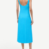 Back view of KABE SHOP INC Ellison cobalt blue ribbed knit midi dress with a scoop back on a model.