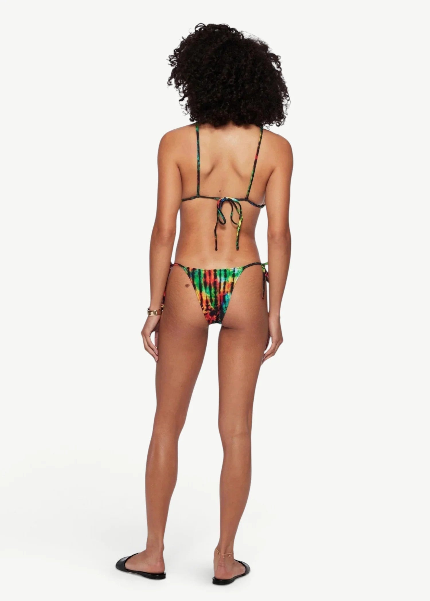 KABE SHOP INC Equator triangle bikini top and matching bottom in a vibrant multi-colored tie-dye print, back view.