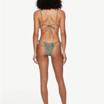 KABE SHOP INC Equator triangle bikini top in green geometric print with adjustable back ties worn by a model