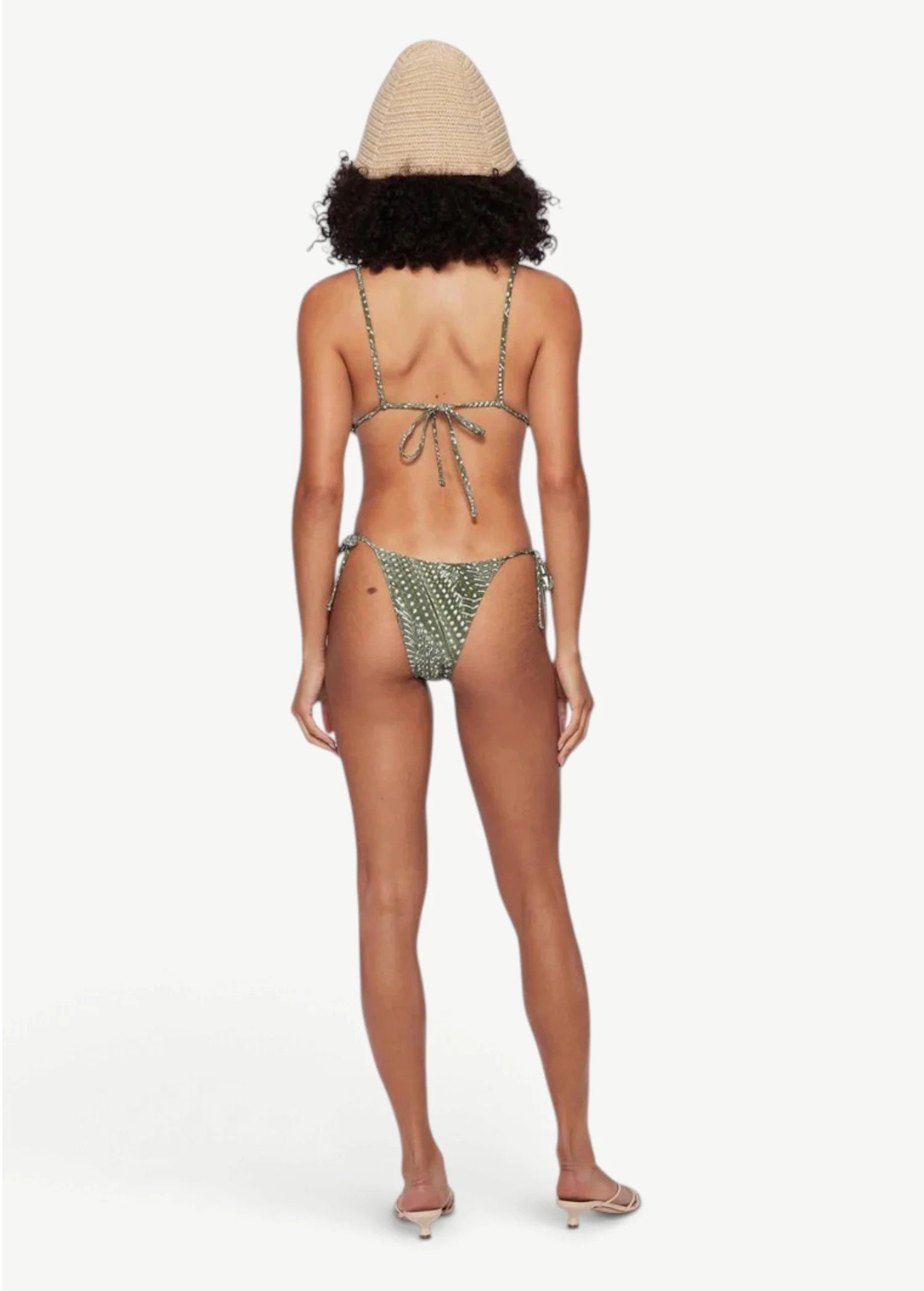 KABE SHOP INC Equator triangle bikini top in green geometric print with adjustable back ties worn by a model