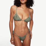 KABE SHOP INC Equator triangle bikini top in olive green with white abstract print, worn by a model with a sun hat.