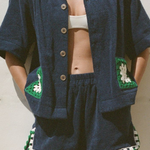 KABE SHOP INC Estate Short in navy organic cotton towelling with green and white crochet scallop trim and side splits
