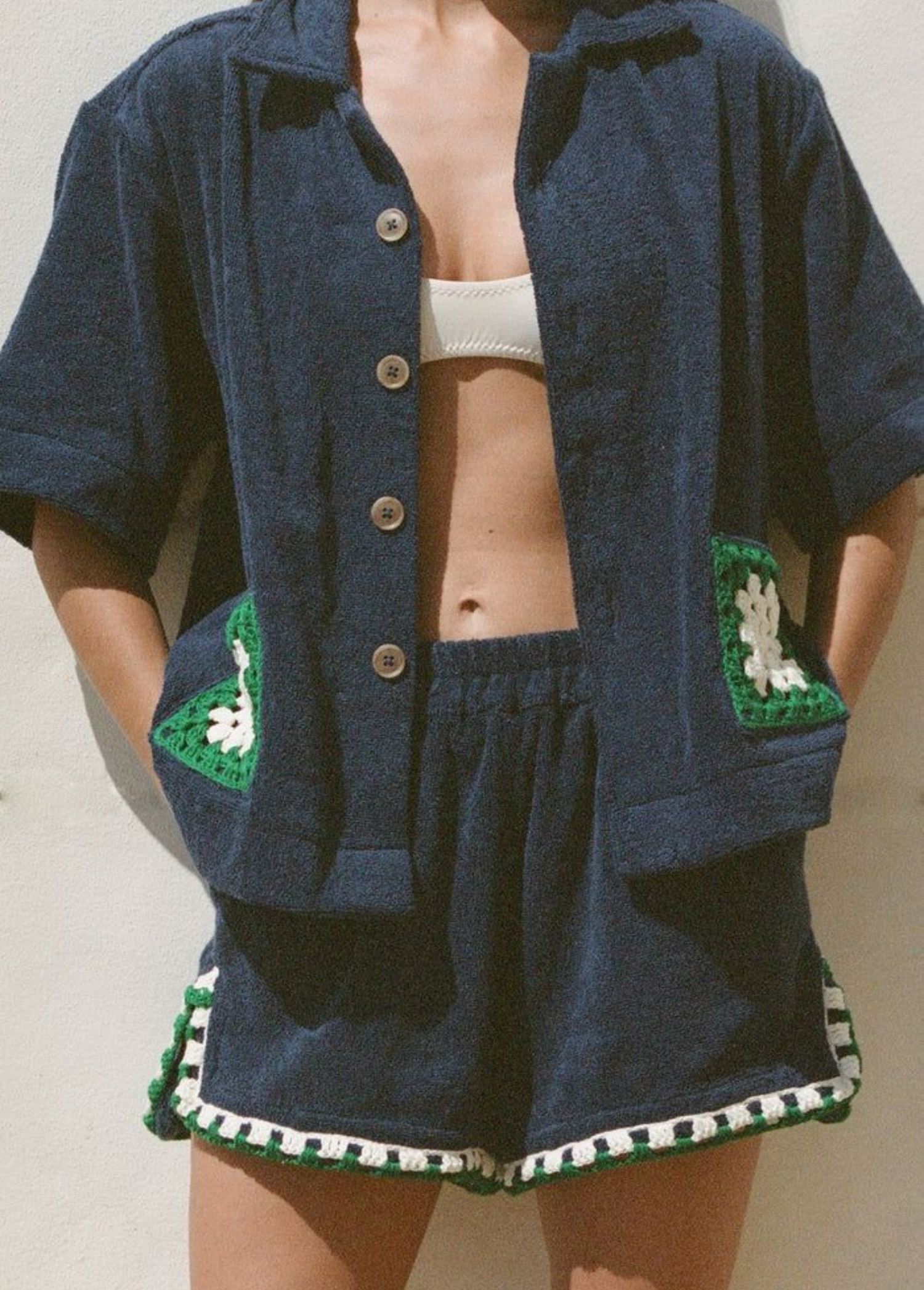 KABE SHOP INC Estate Short in navy organic cotton towelling with green and white crochet scallop trim and side splits