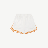 KABE SHOP INC Estate Short in white organic cotton towelling with orange crochet scallop trim and side splits.