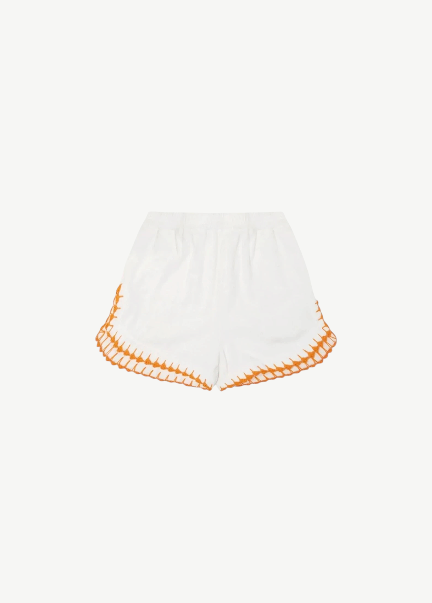 KABE SHOP INC Estate Short in white organic cotton towelling with orange crochet scallop trim and side splits.