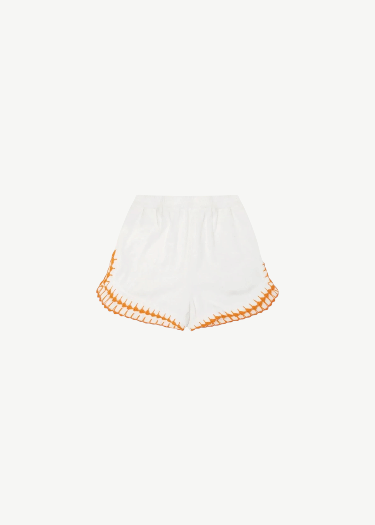 KABE SHOP INC Estate Short in white organic cotton towelling with orange crochet scallop trim and side splits.