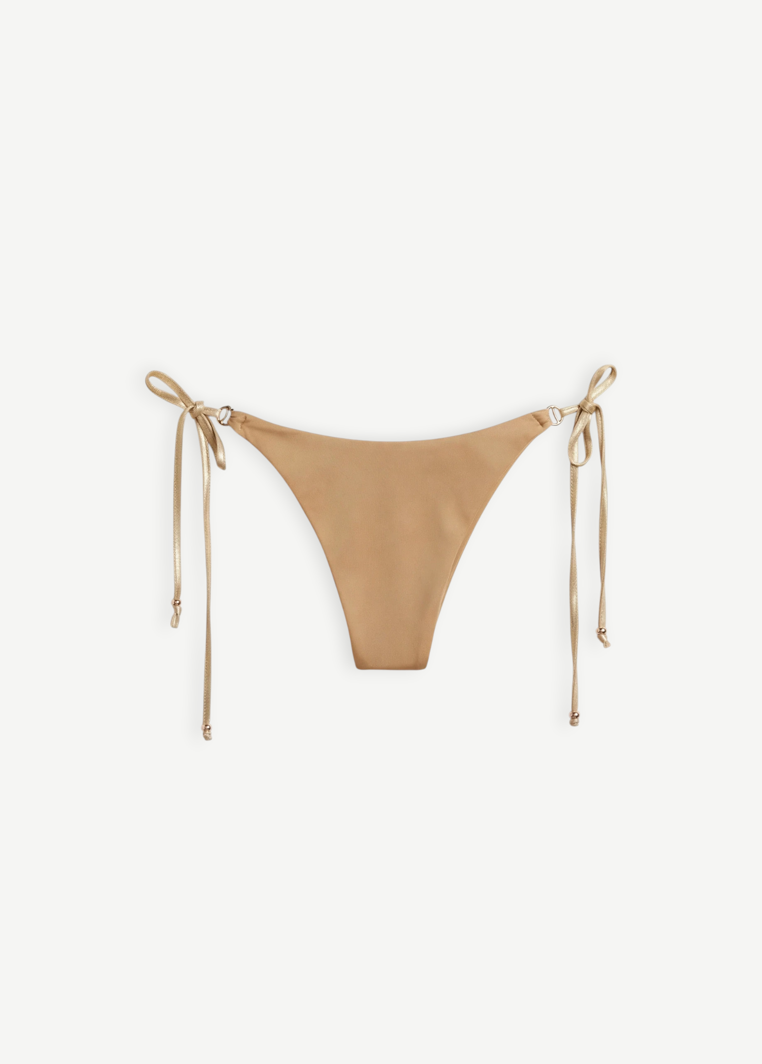 KABE Diva gold shimmering Lycra bikini bottom with adjustable side ties and refined gold-tone hardware.