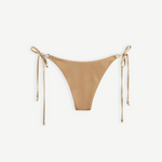 KABE Diva gold shimmering Lycra bikini bottom with adjustable side ties and refined gold-tone hardware.