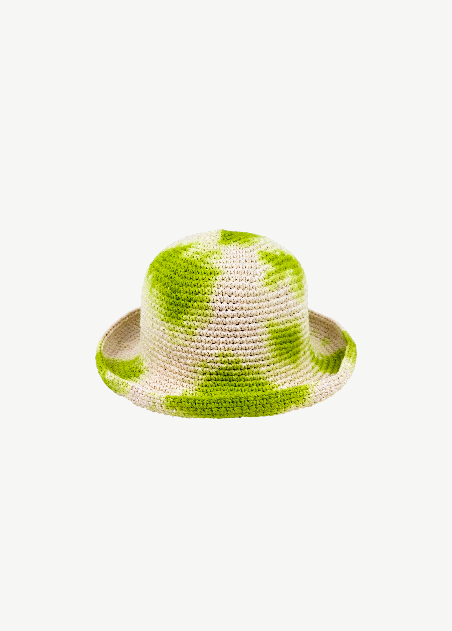 KABE SHOP INC handmade crochet bucket hat in a cream and green tie-dye pattern on a white background.