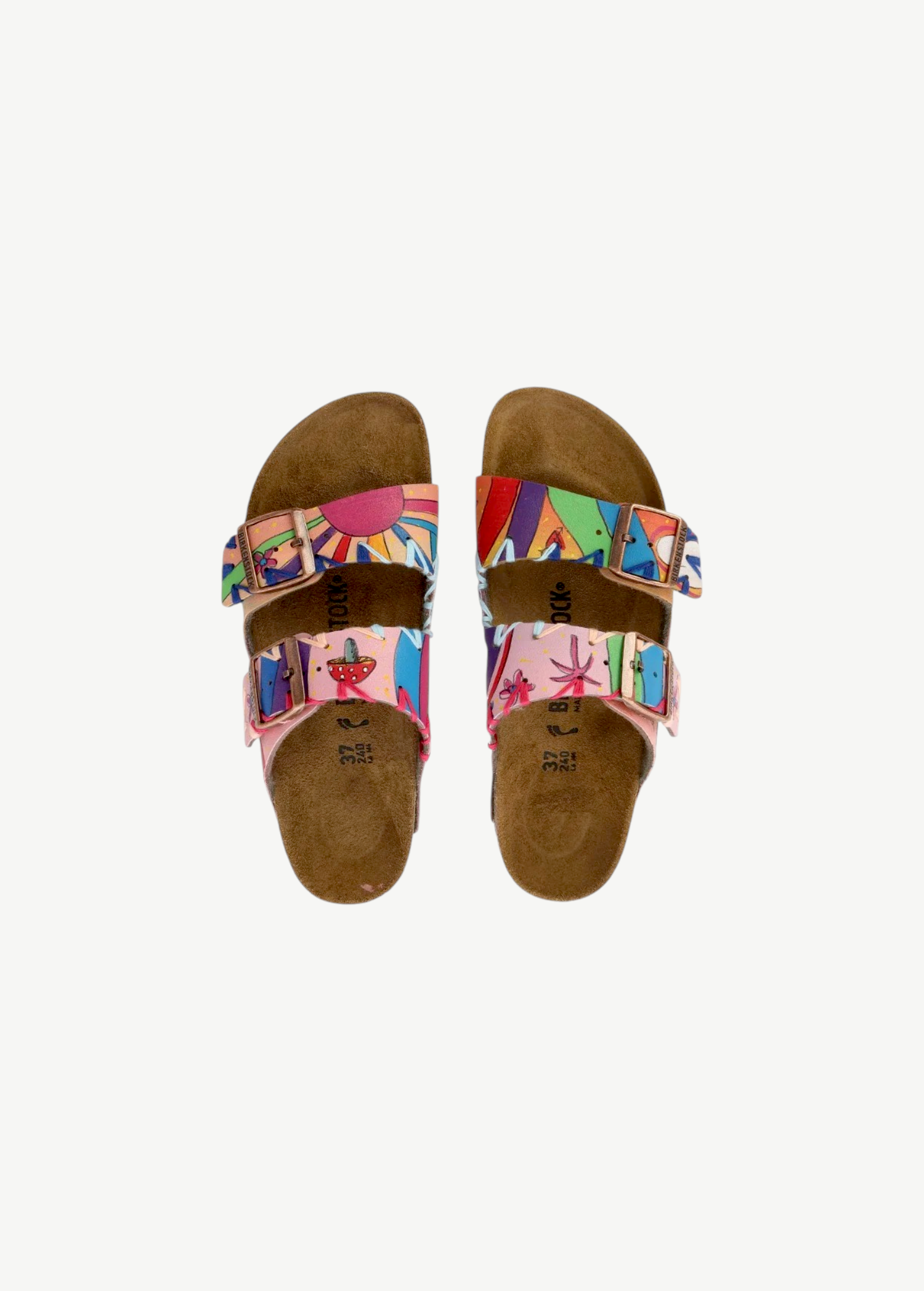 KABE SHOP INC Birkenstocks sandals featuring vibrant hand-painted and hand-embroidered artisanal designs on pink straps