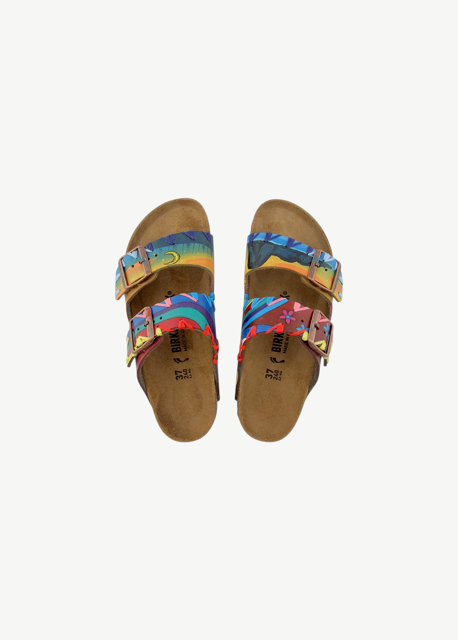 KABE SHOP INC Birkenstocks sandals featuring vibrant hand-painted landscapes and colorful embroidery on leather straps