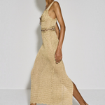 KABE SHOP INC Isa maxi dress in beige crochet with a halter neckline and fitted silhouette worn by a model