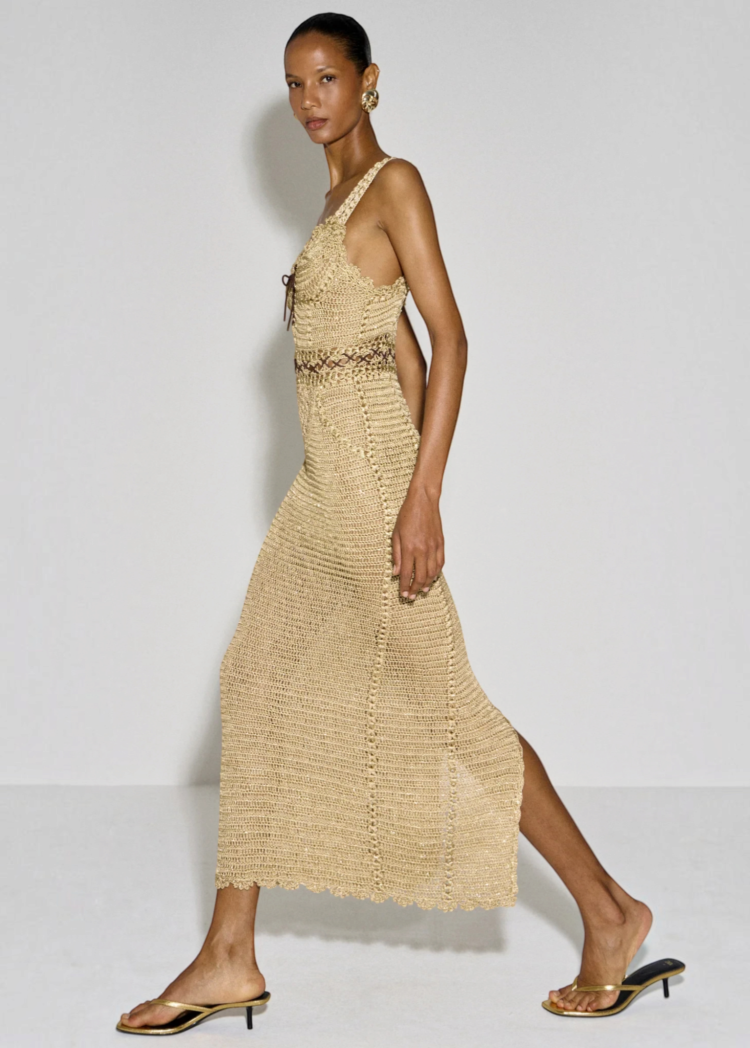 KABE SHOP INC Isa maxi dress in beige crochet with a halter neckline and fitted silhouette worn by a model