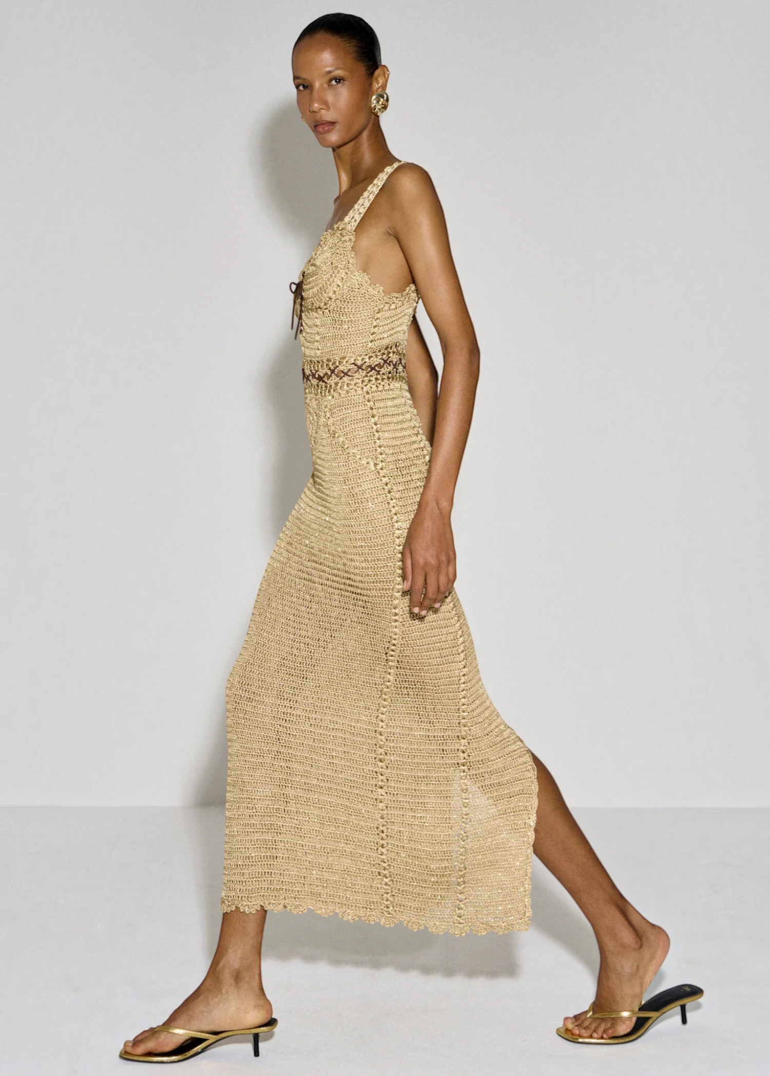 KABE SHOP INC Isa maxi dress in beige crochet with a halter neckline and fitted silhouette worn by a model