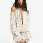 KABE SHOP INC Isabella jumpsuit in cream cotton with off-the-shoulder neckline, long sleeves, and delicate lace trim.