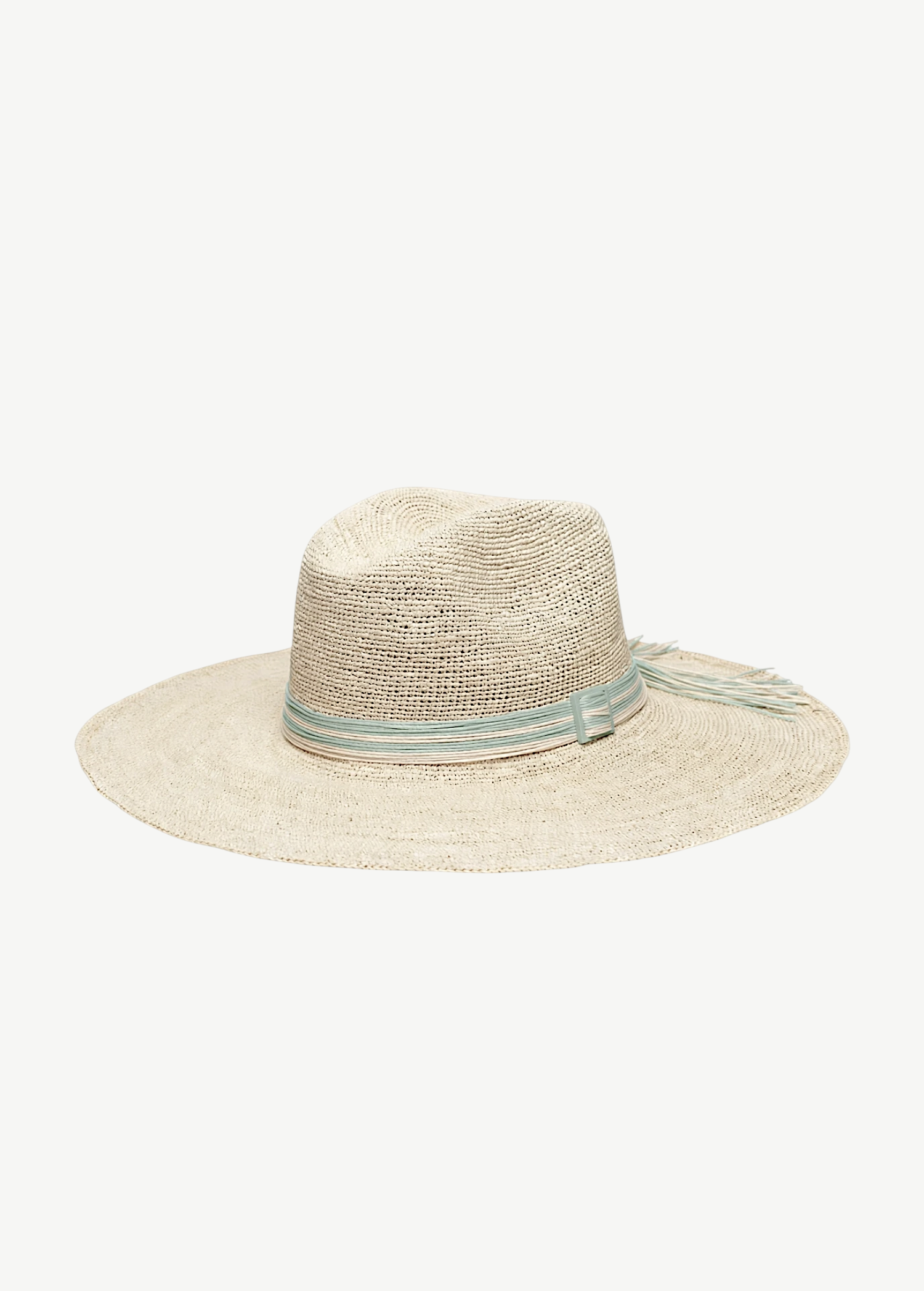 KABE SHOP INC Isabella wide brim straw hat with a light blue striped ribbon and tassel detail for sunny resort wear.