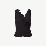 KABE SHOP INC Klara wrap top in black cotton with delicate floral cut-out embroidery and a structured silhouette.
