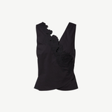 KABE SHOP INC Klara wrap top in black cotton with delicate floral cut-out embroidery and a structured silhouette.