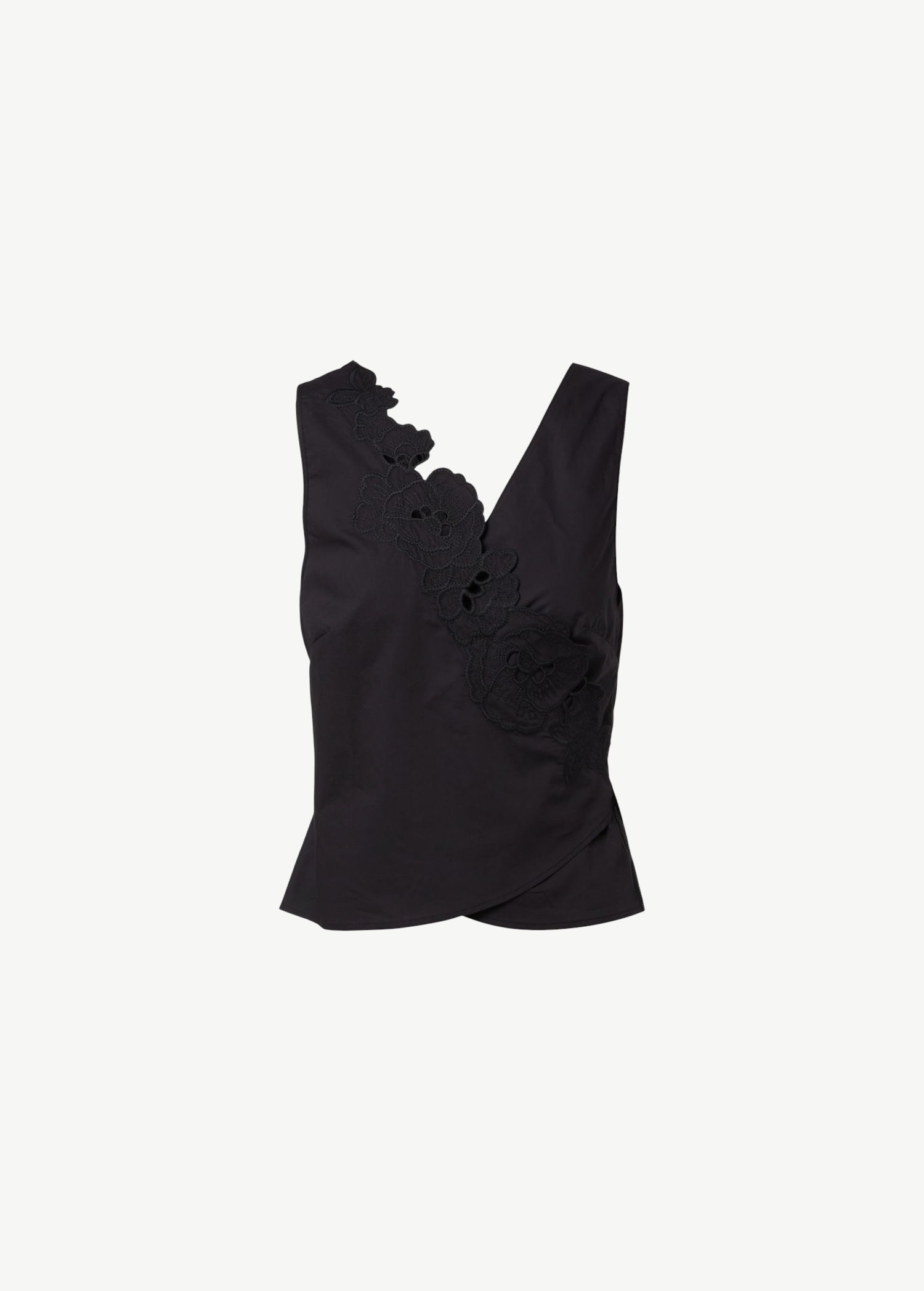 KABE SHOP INC Klara wrap top in black cotton with delicate floral cut-out embroidery and a structured silhouette.