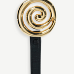 KABE SHOP INC Koru Belt featuring a sculptural gold spiral buckle on a black Italian calfskin leather strap.