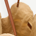 KABE SHOP INC large palm raffia bag with tan leather straps and a beige fabric interior lining