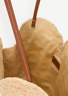 KABE SHOP INC large palm raffia bag with tan leather straps and a beige fabric interior lining