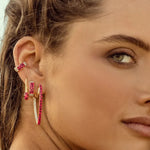 KABE SHOP INC zirconia leopard print ear cuff and matching earrings worn on a model with pink enamel accents