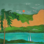 KABE SHOP INC Magdalena Pareo featuring a vibrant landscape print with palm trees, mountains, and a sailboat.