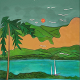 KABE SHOP INC Magdalena Pareo featuring a vibrant landscape print with palm trees, mountains, and a sailboat.