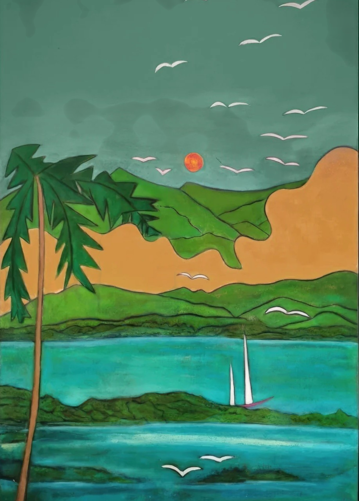 KABE SHOP INC Magdalena Pareo featuring a vibrant landscape print with palm trees, mountains, and a sailboat.